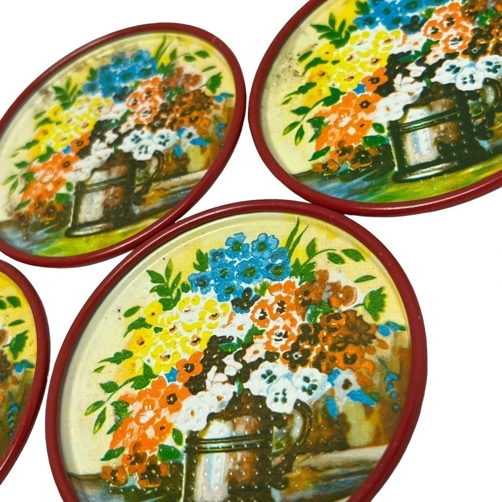 Vintage 50’s Coasters Red‎ Floral Aluminum Tin Can Painted